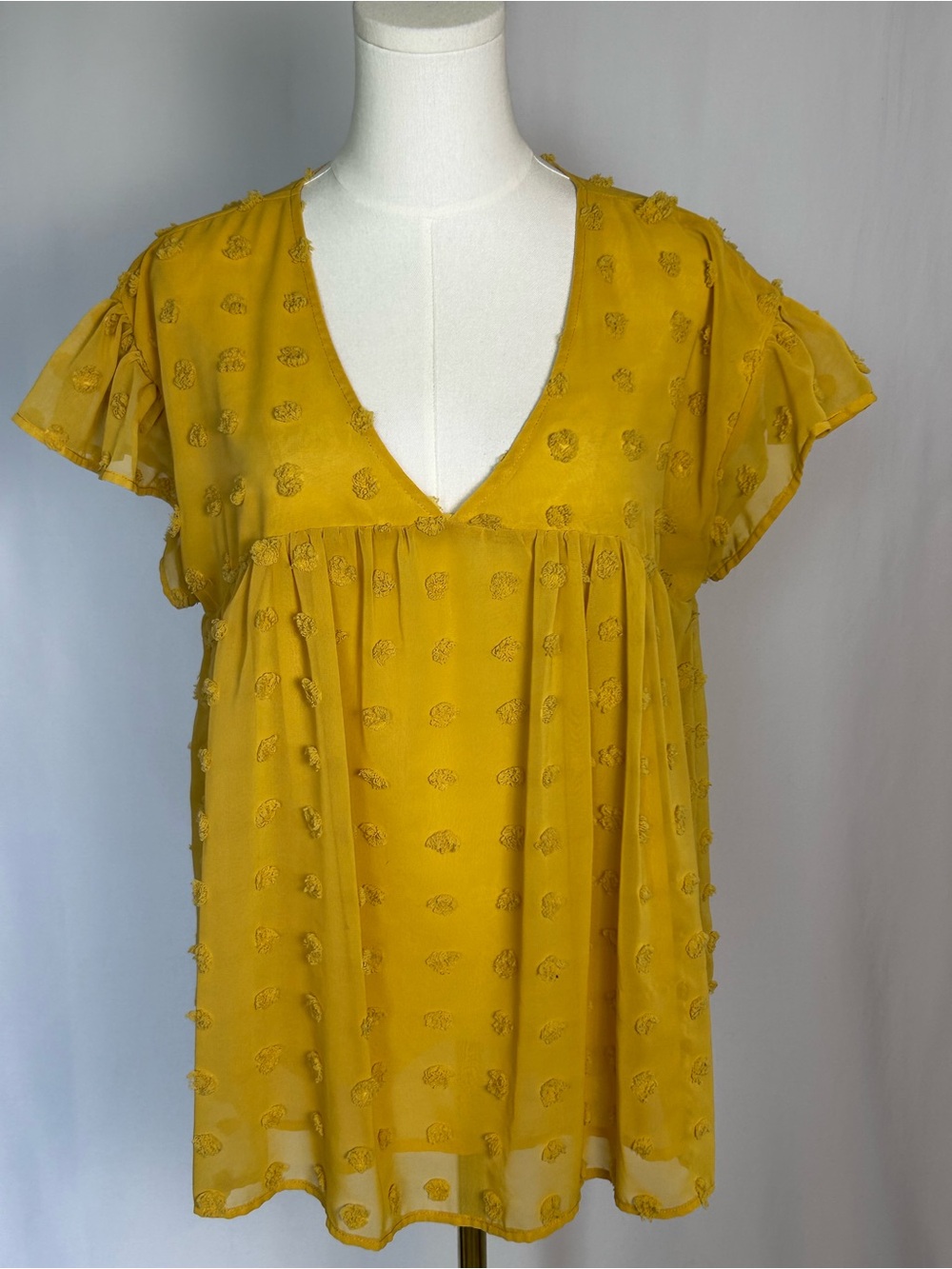Entro Mustard Yellow Swiss Dot Flutter Sleeve Babydoll Top M